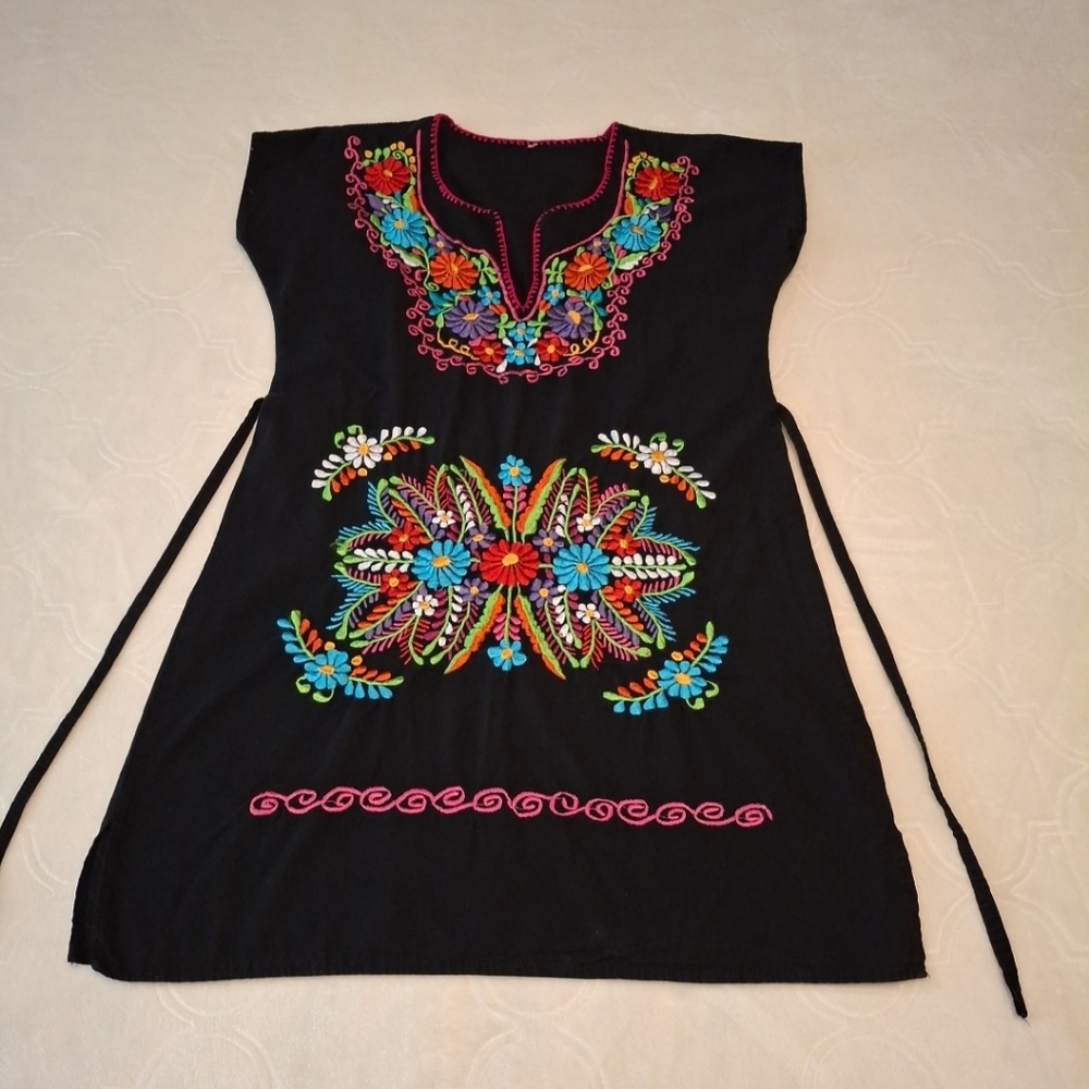 Mexican Dress. Embroidered Black Tunic with Colorful Floral Design